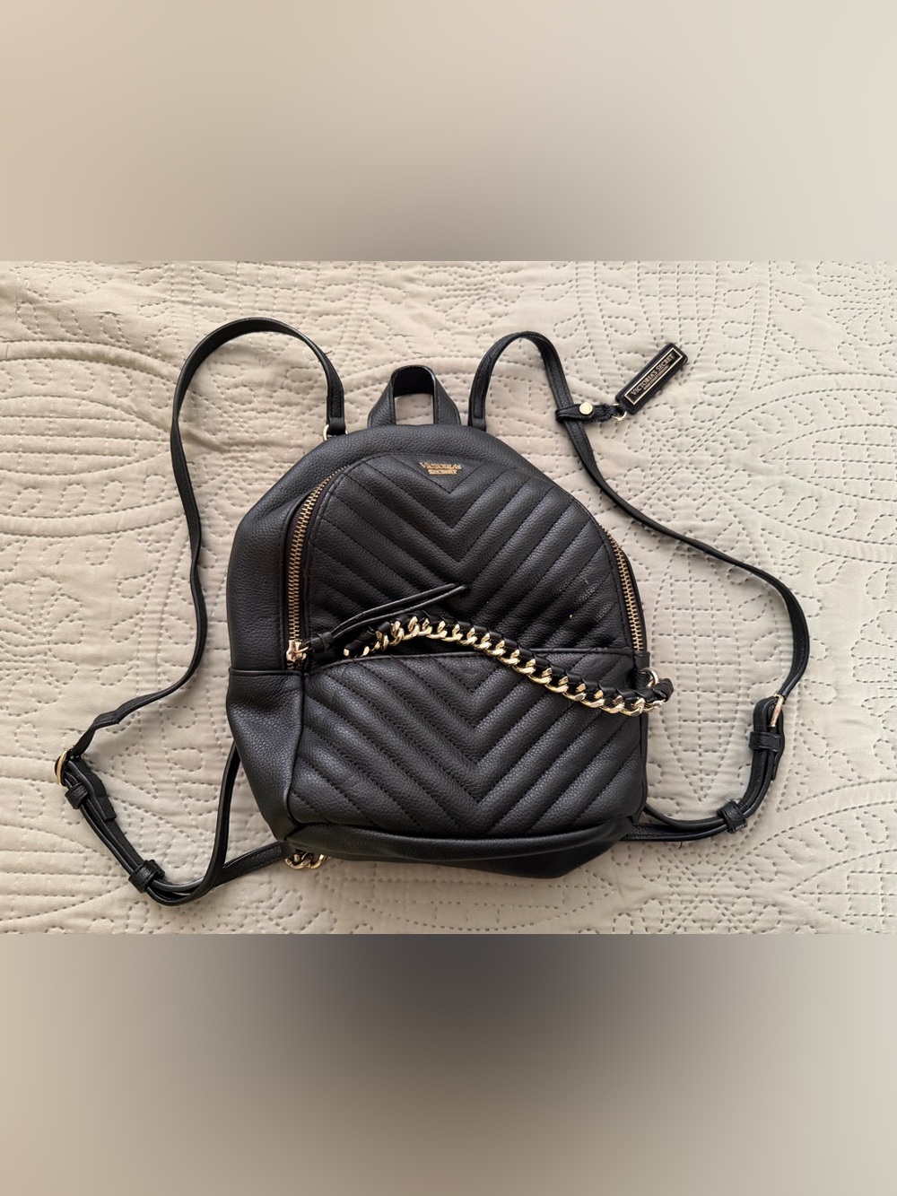 Victoria's Secret Black Quilted Mini Backpack with Gold Chain Accent